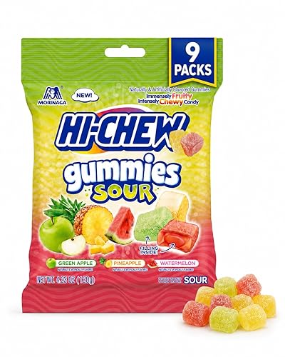 Hi-Chews Gummy Candy, 9 Bags, Soft Chew Fruit Candy for Snacking and Sharing, Green Apple Pineapple Watermelon Flavors, Gluten Free Sweet and Sour