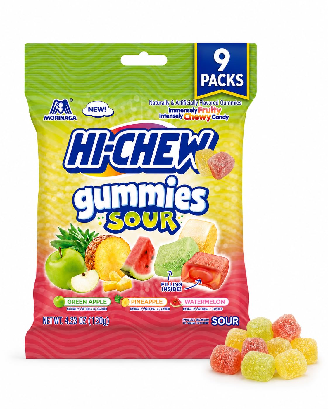 Hi-Chews Gummy Candy, 9 Bags, Soft Chew Fruit Candy for Snacking and Sharing, Green Apple Pineapple Watermelon Flavors, Gluten Free Sweet and Sour