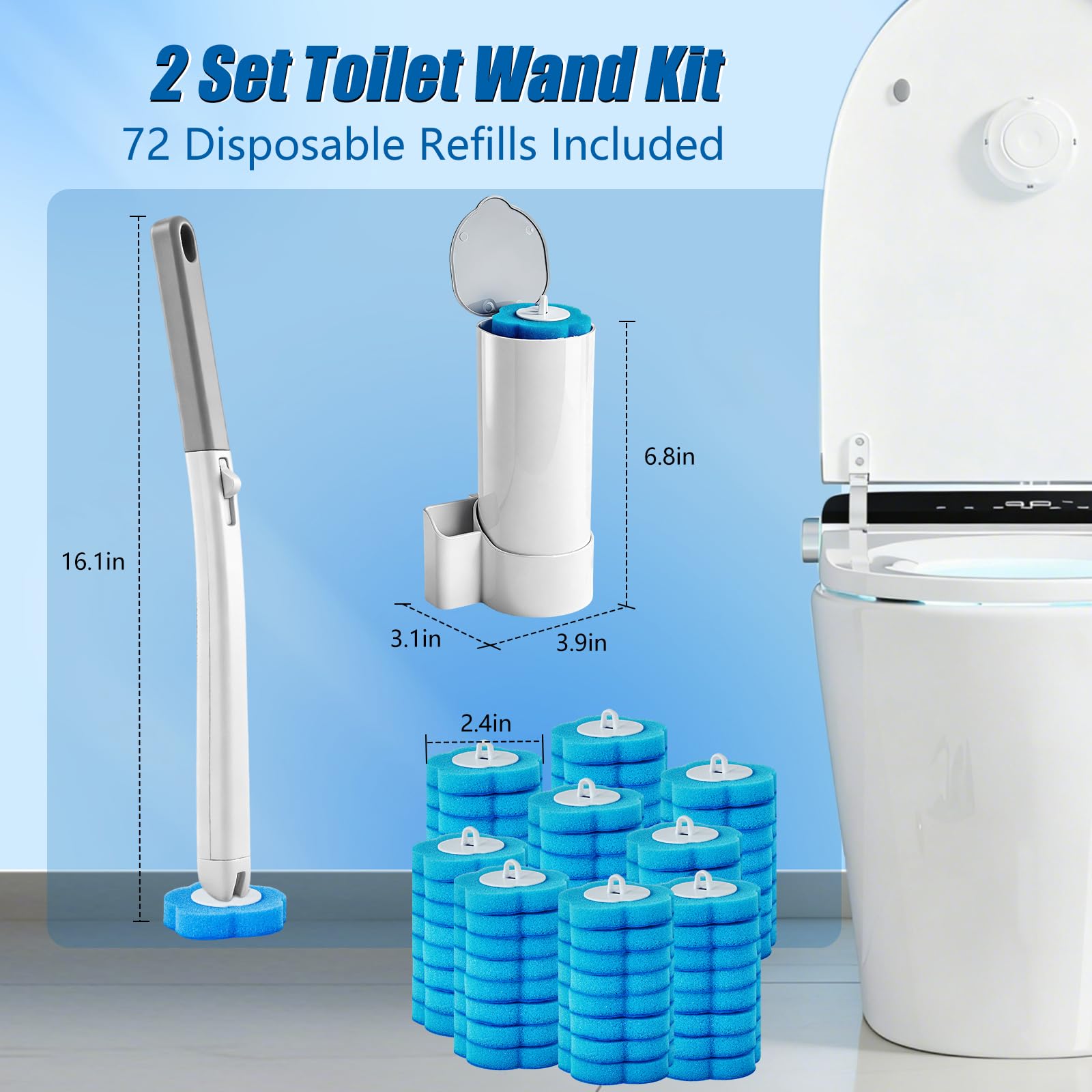 Disposable Toilet Brush and Holder Set, 2 Pack Toilet Wand Kit with 72 Refills, Wall Mounted Toilet Bowl Cleaner System Kit, Toilet Scrubber