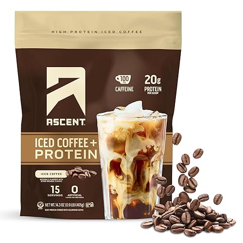 Ascent Iced Coffee Protein Powder - High Protein Coffee Powder, 20 g Protein & 100 mg Caffeine from Premium Colombian Coffee, Zero Artificial Flavors