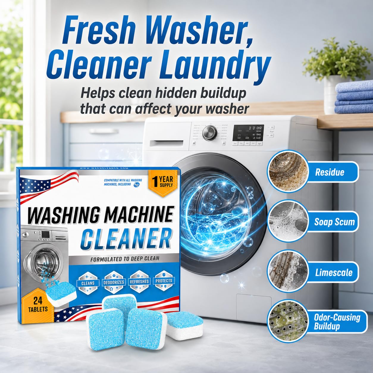 Washing Machine Cleaner Tablets 24 Pack, Washer Machine Cleaner Descaler for HE Front Loader & Top Load Washers, Laundry Machine Cleaner Tablets