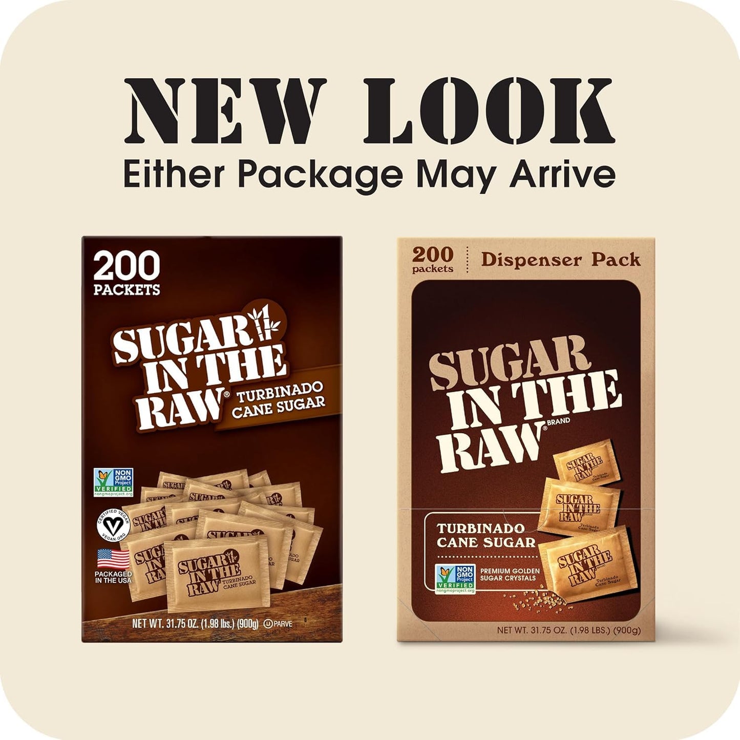 Sugar In The Raw Turbinado Cane Sugar Packets, 200 Ct Box, 1 Pack, Pure, All-Natural Turbinado Sugar, Non-GMO Project Verified, Kosher, Vegan and Gluten Free