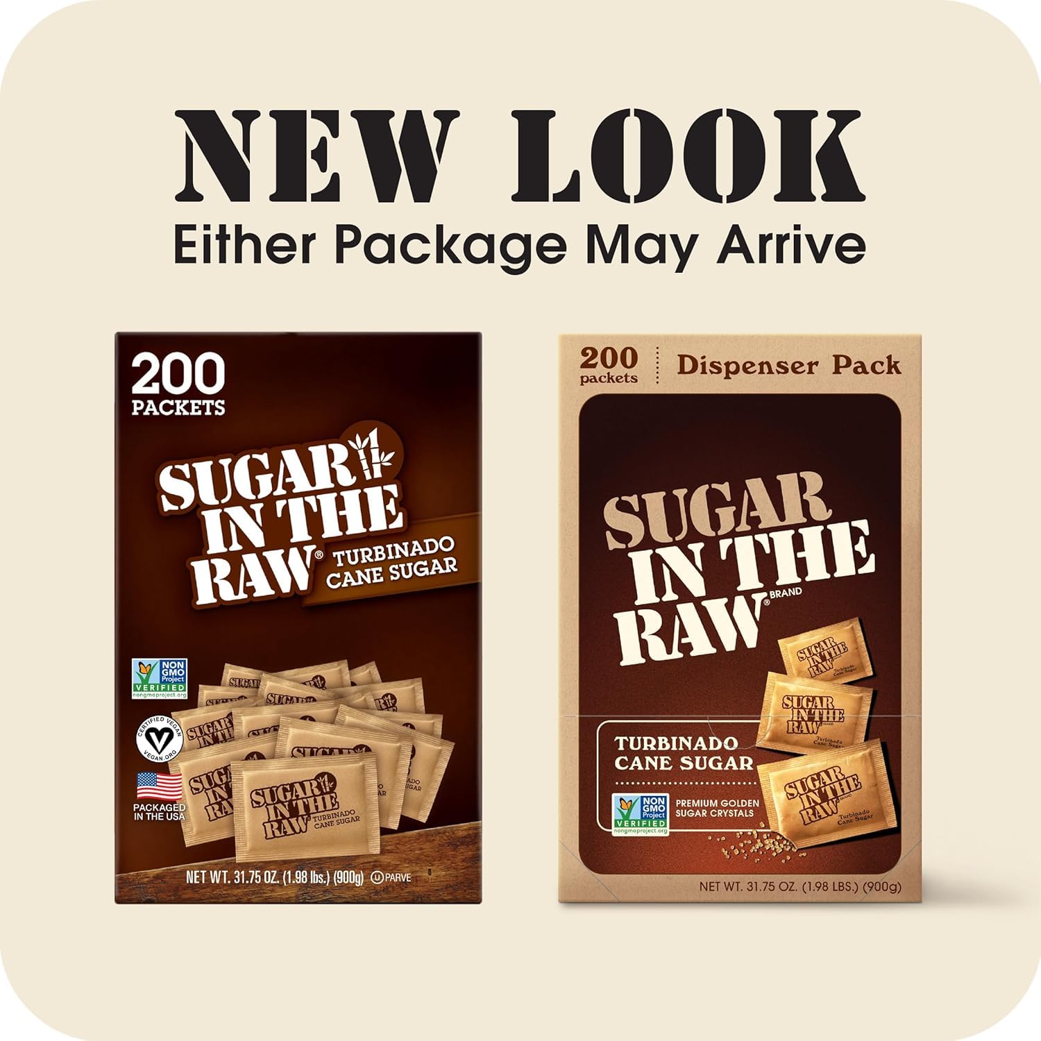 Sugar In The Raw Turbinado Cane Sugar Packets, 200 Ct Box, 1 Pack, Pure, All-Natural Turbinado Sugar, Non-GMO Project Verified, Kosher, Vegan and Gluten Free