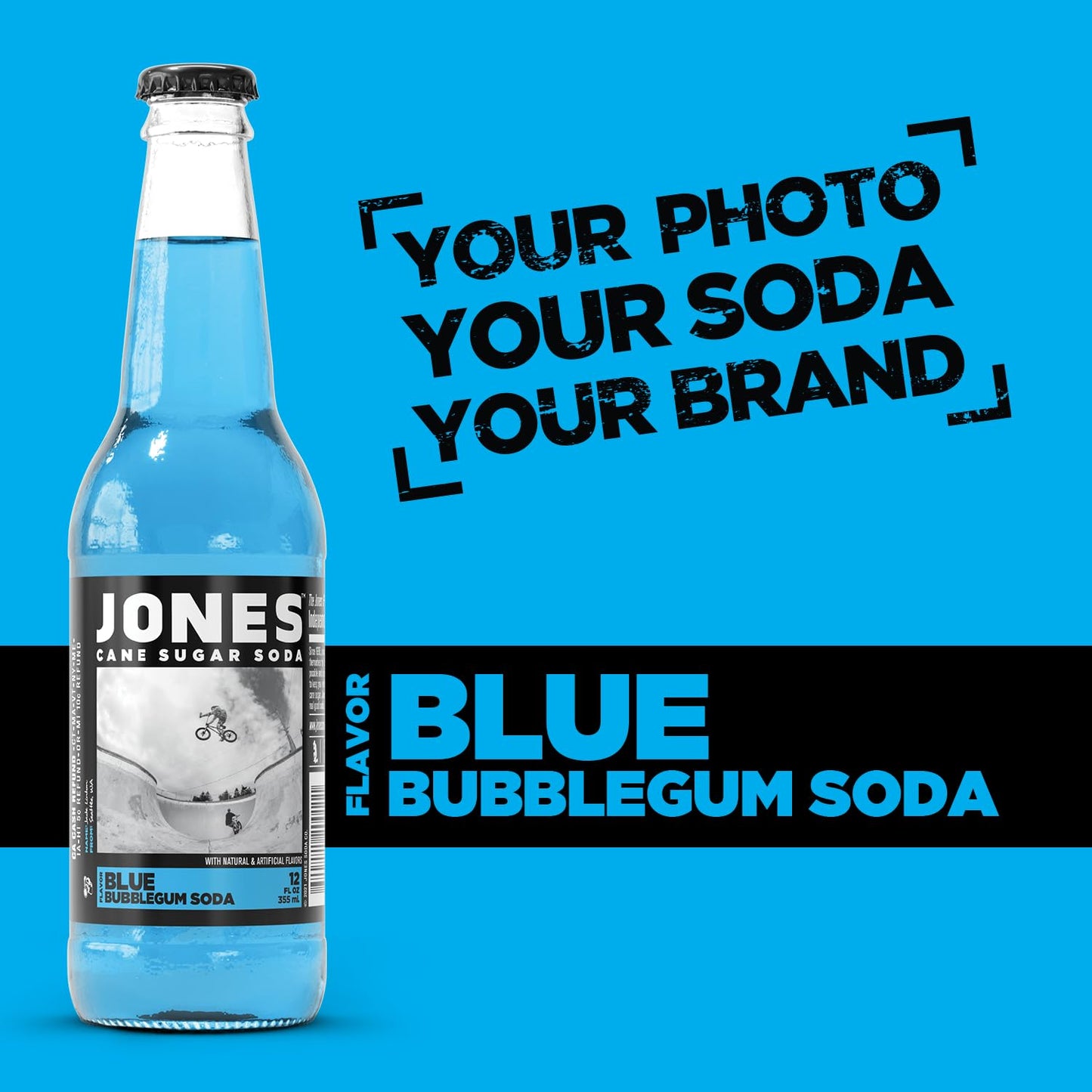 Jones Soda Co. Blue Bubblegum Flavor | 12-Pack | The Original Craft Soda | Made with Pure, 100% Cane Sugar | Pop Beverages/Soft Drinks | 12 Oz Glass