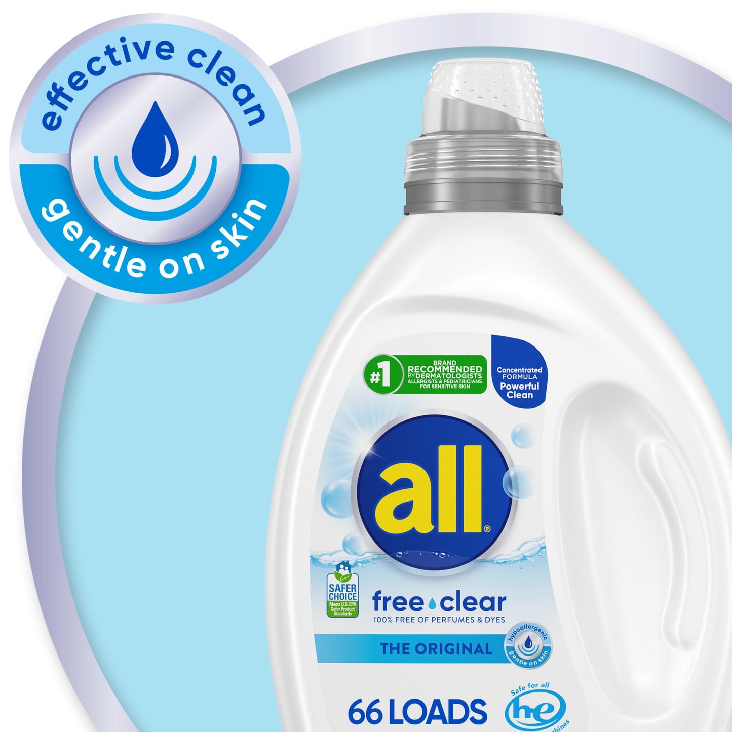 all free clear, Original, Liquid Laundry Detergent for Sensitive Skin, Unscented and Hypoallergenic, Concentrated, 50oz, 66 Loads