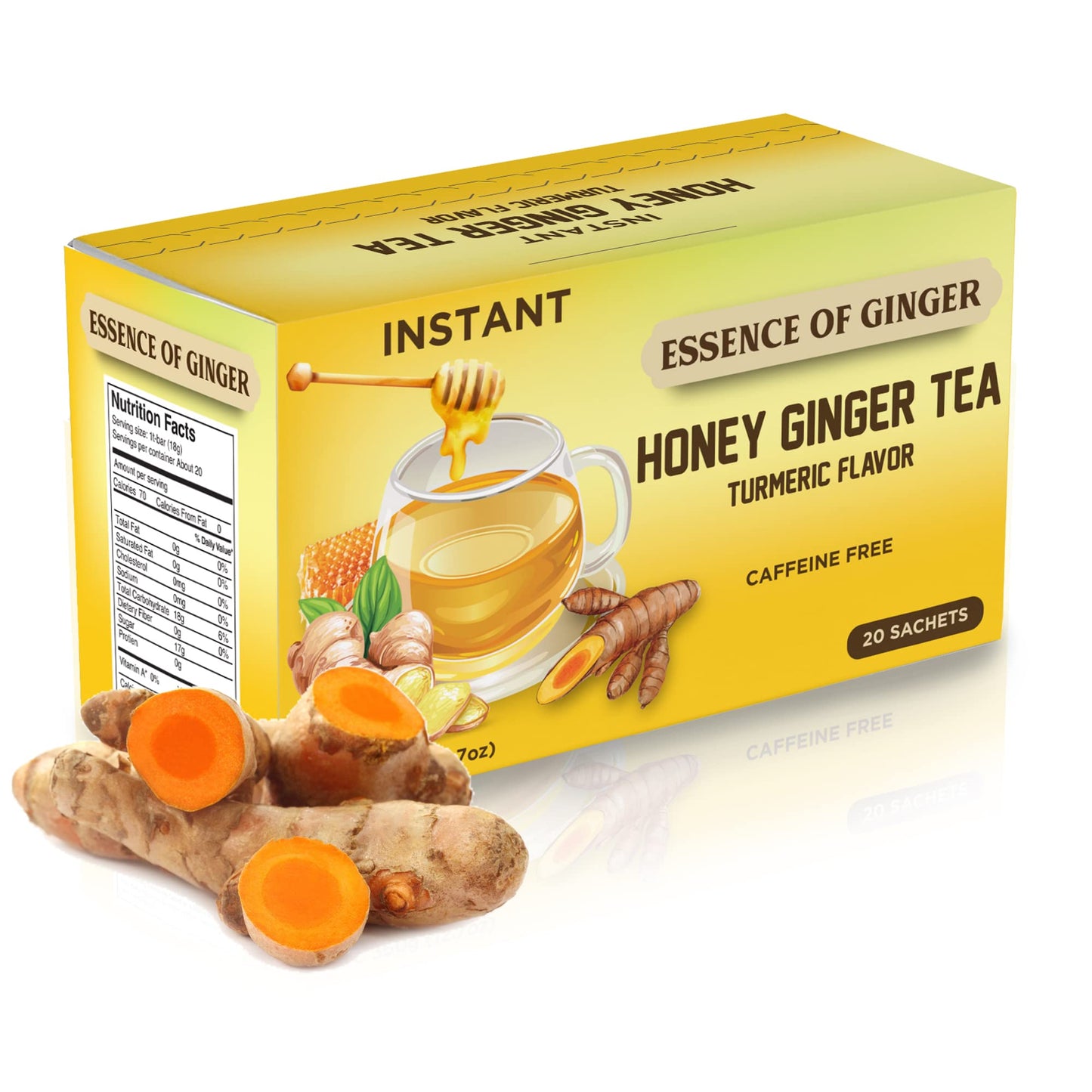 Premium Honey Ginger Crystals Turmeric Beverage 20 Packets Instant Herbal Tea Bags Pure Honey, Fresh Ginger, Turmeric Root Caffeine Free Blend