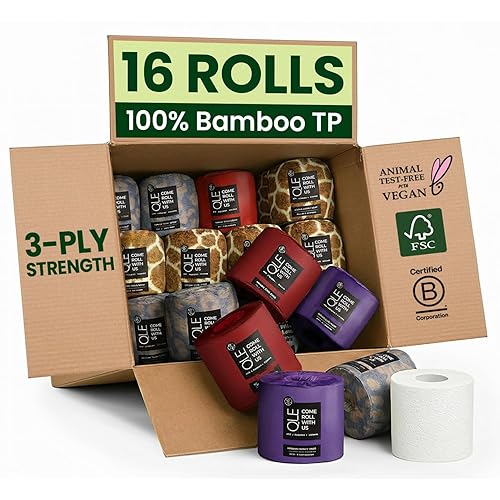 QLE Bamboo Toilet Paper - 16 Pack, 3 Ply, 300 Sheets per Roll - Organic, Hypoallergenic, Compostable, Septic Safe