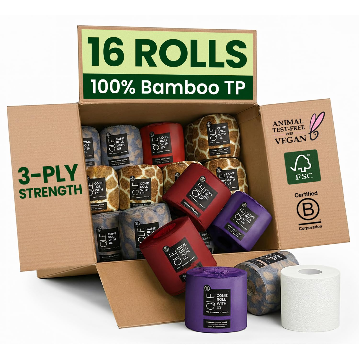 QLE Bamboo Toilet Paper - 16 Pack, 3 Ply, 300 Sheets per Roll - Organic, Hypoallergenic, Compostable, Septic Safe