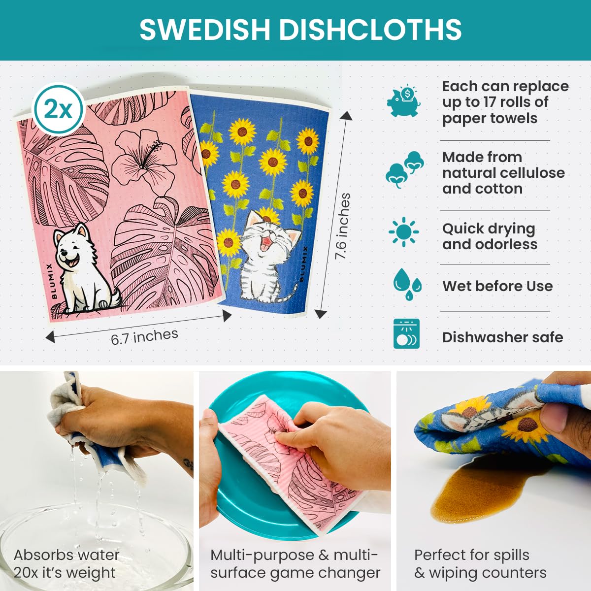 Blumix Ultimate Cleaning Kit - 7 Items: 2 Swedish Dishcloths, 2 Compressed Cellulose Sponges, 2 Glass Cleaning Cloths, 1 Mesh Scrubbing Cloth (No