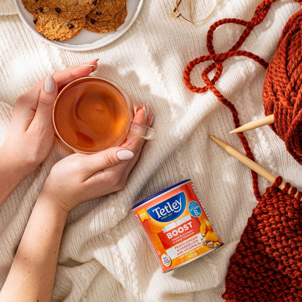 Tetley Super Herbal Tea Boost: Peach Ginger & Dandelion with Vitamin B6 - 20ct Imported from Canada