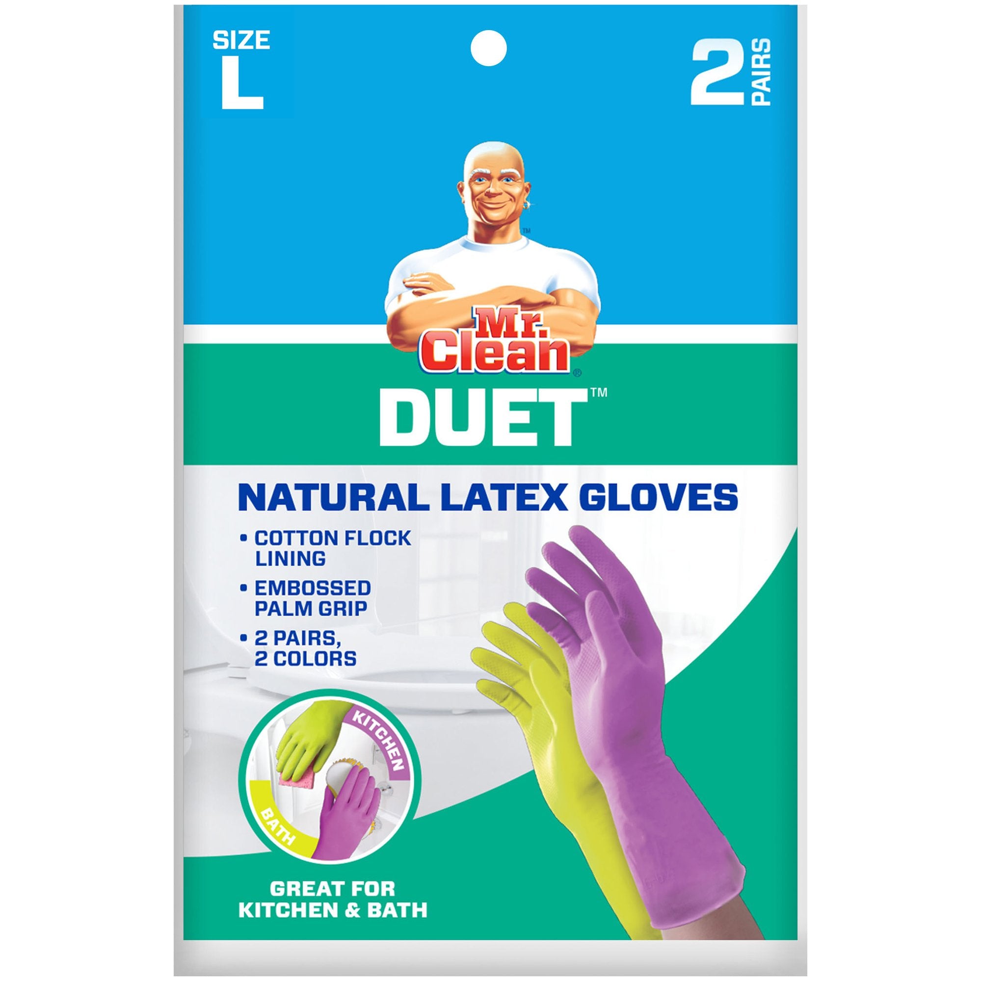Mr. Clean Duet, Natural Latex, Beaded Cuff, Cotton Flock Lining, Non-Slip Grip Gloves, Large