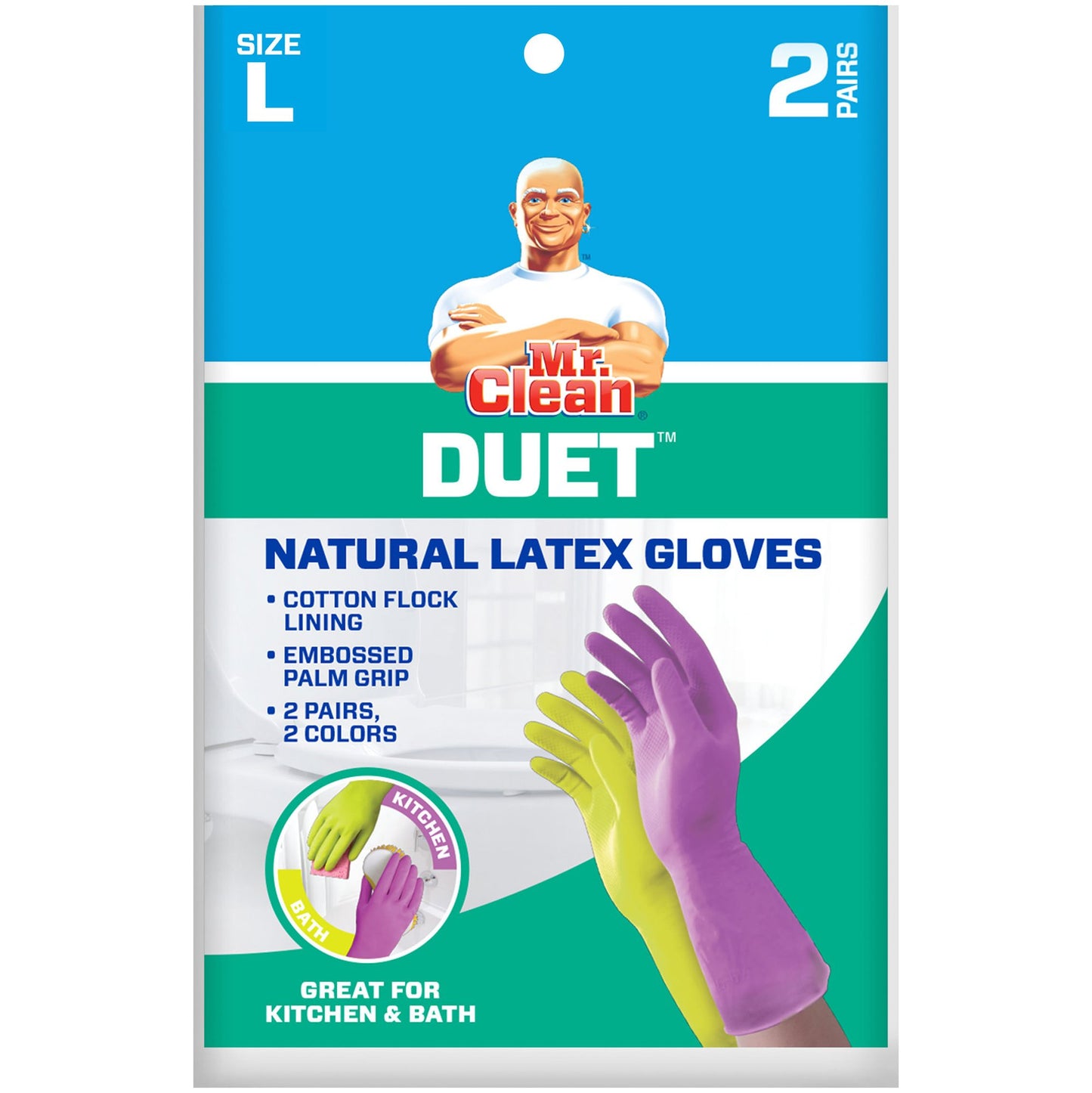 Mr. Clean Duet, Natural Latex, Beaded Cuff, Cotton Flock Lining, Non-Slip Grip Gloves, Large