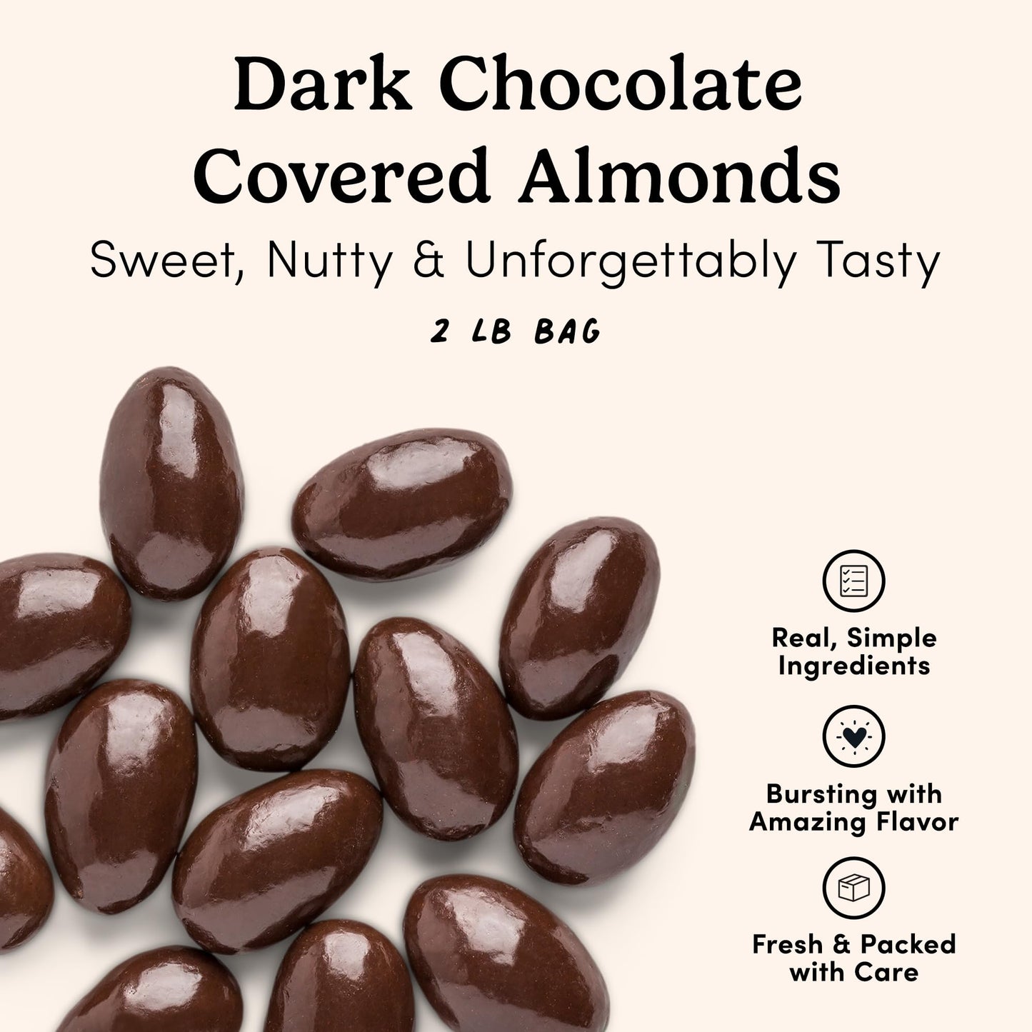 Nuts com - Dark Chocolate Covered Almonds - 2 Pound Bag, Healthy Snack for Adults & Kids, Good Source of Protein, Fiber, Iron, Calcium, Potassium