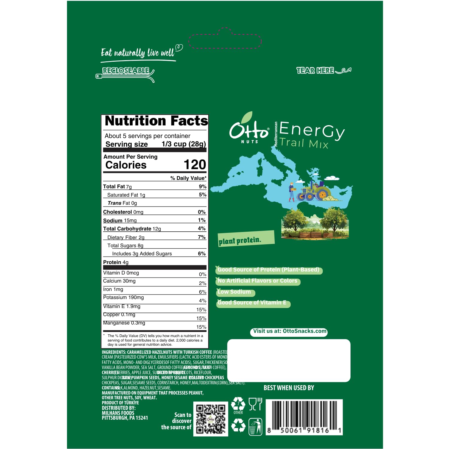 Otto Nuts - Mediterranean Energy Trail Mix, NON-GMO, Plant-Based Protein Dried Fruits & Nuts | 5 OZ with Resealable Bag
