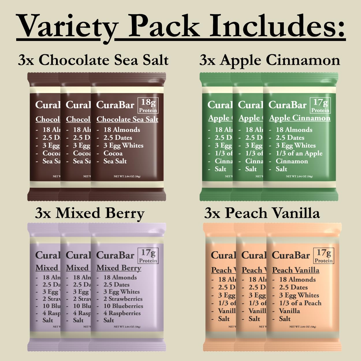 CuraBar Protein Bars - Variety Pack (4 Flavors), 17g Protein, Low Carb, Gluten Free, Dairy Free, Healthy Snack, Seed Oil Free, No Artificial