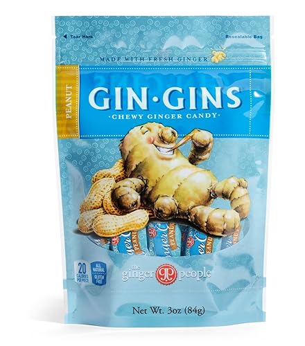 GIN GINS Peanut Ginger Chew Candy by The Ginger People - Individually Wrapped Healthy Candy - 3 oz Bag - Pack of 24