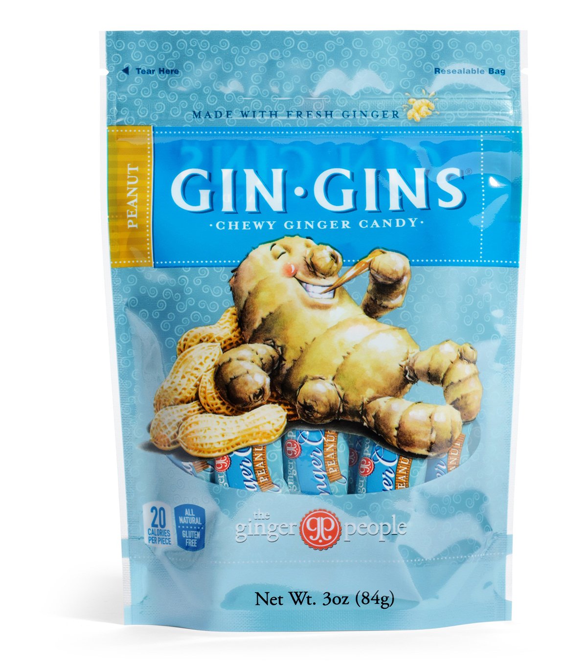 GIN GINS Peanut Ginger Chew Candy by The Ginger People - Individually Wrapped Healthy Candy - 3 oz Bag - Pack of 24