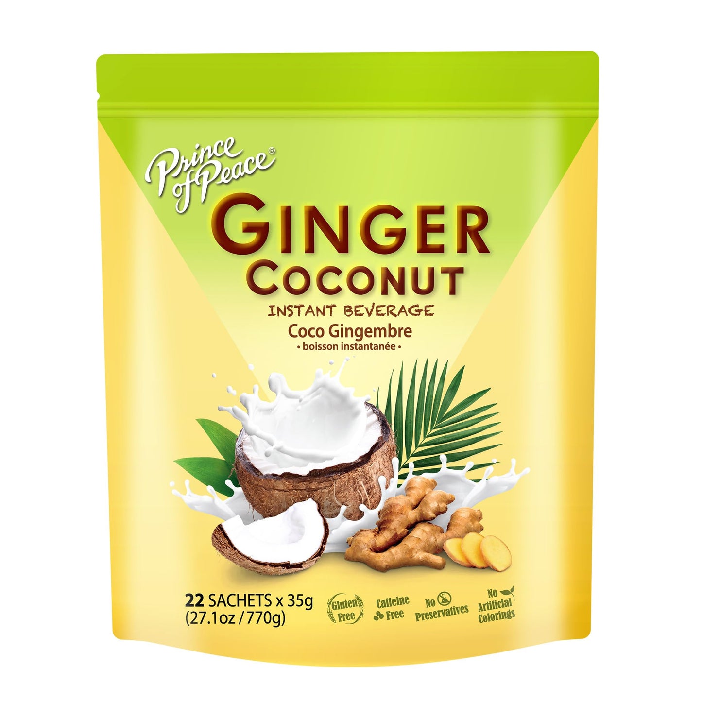 Prince of Peace Ginger Coconut Instant Beverage, 22 Sachets - Instant Hot or Cold Beverage that Soothes Throat - Easy to Brew - Caffeine and Gluten