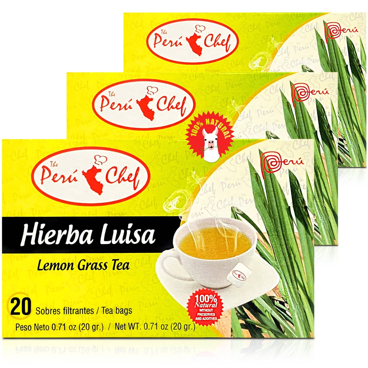 Peruchef Te Hierba Luisa 20 Sobres Filtrantes | 20 Tea Bags of Lemon Grass from Peru 3 Pack