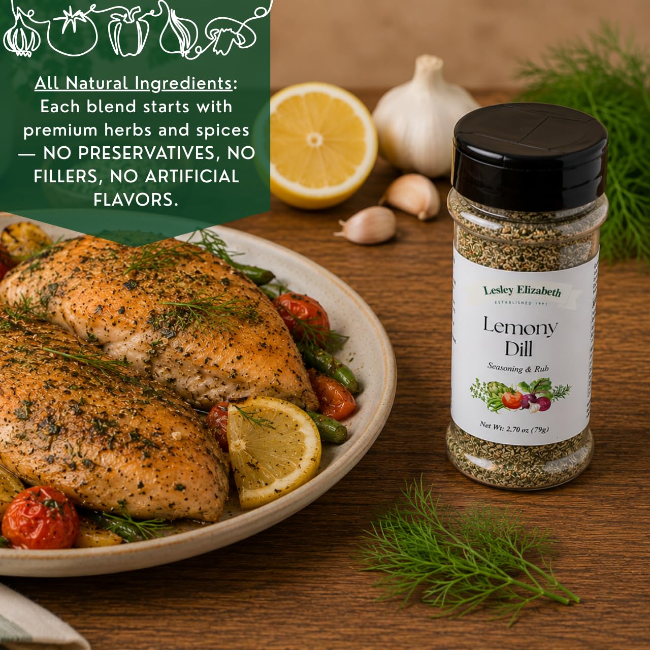 Lesley Elizabeth Lemony Dill Seasoning & Rub - Fresh Citrus & Herb Blend for Chicken, Fish, Seafood & Vegetables | All-Purpose Gourmet Grill & Cooking