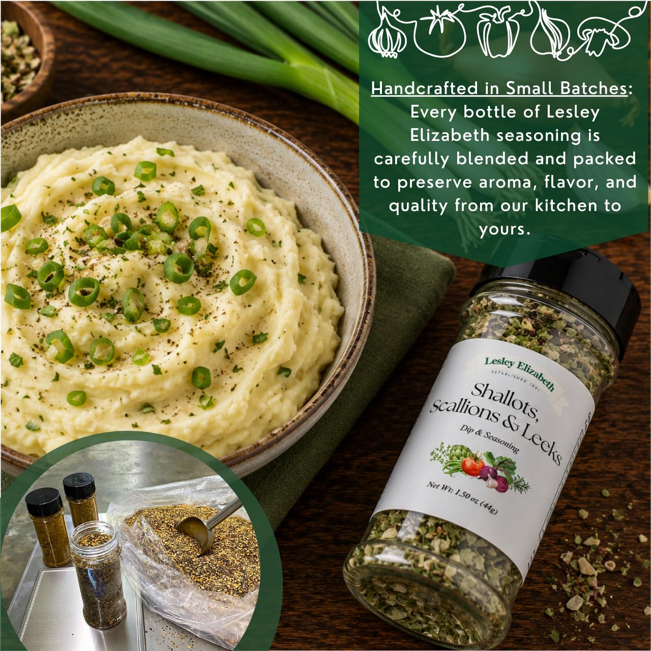 Lesley Elizabeth Shallots, Scallions & Leeks Seasoning - All-Purpose Dip & Herb Blend | Gourmet Onion Spice for Chicken, Vegetables, Seafood