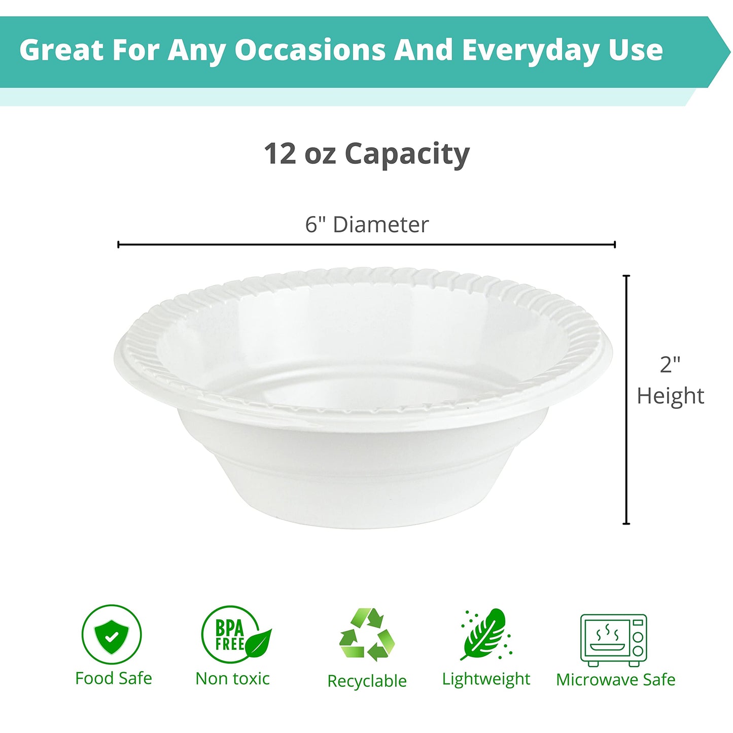 2 Pack of 100 Count - White 12 oz. Plastic Bowls - (styles may vary)