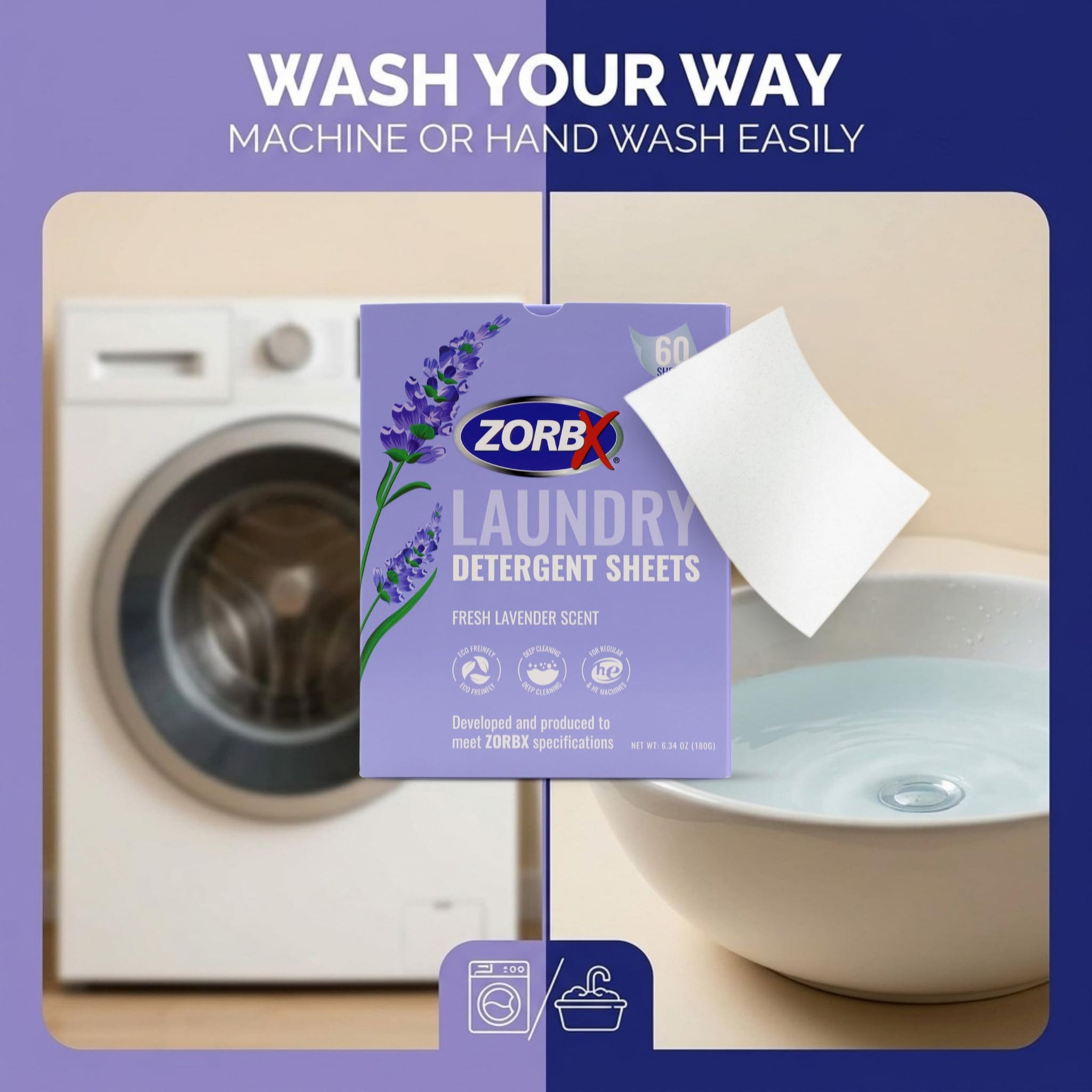 ZORBX Lavender Scented Laundry Detergent Sheets (60 Ct for Up to 120 Loads) - Liquid-less, Quick Dissolving Laundry Soap Sheets for Tackling Tough
