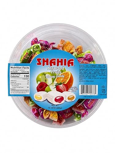 Shahia Assorted Fruits Chewy Candy 400g (14.1 oz) - Soft Filled Fruit Chews - Individually Wrapped Assorted Flavors - Imported Turkish Candy Tub