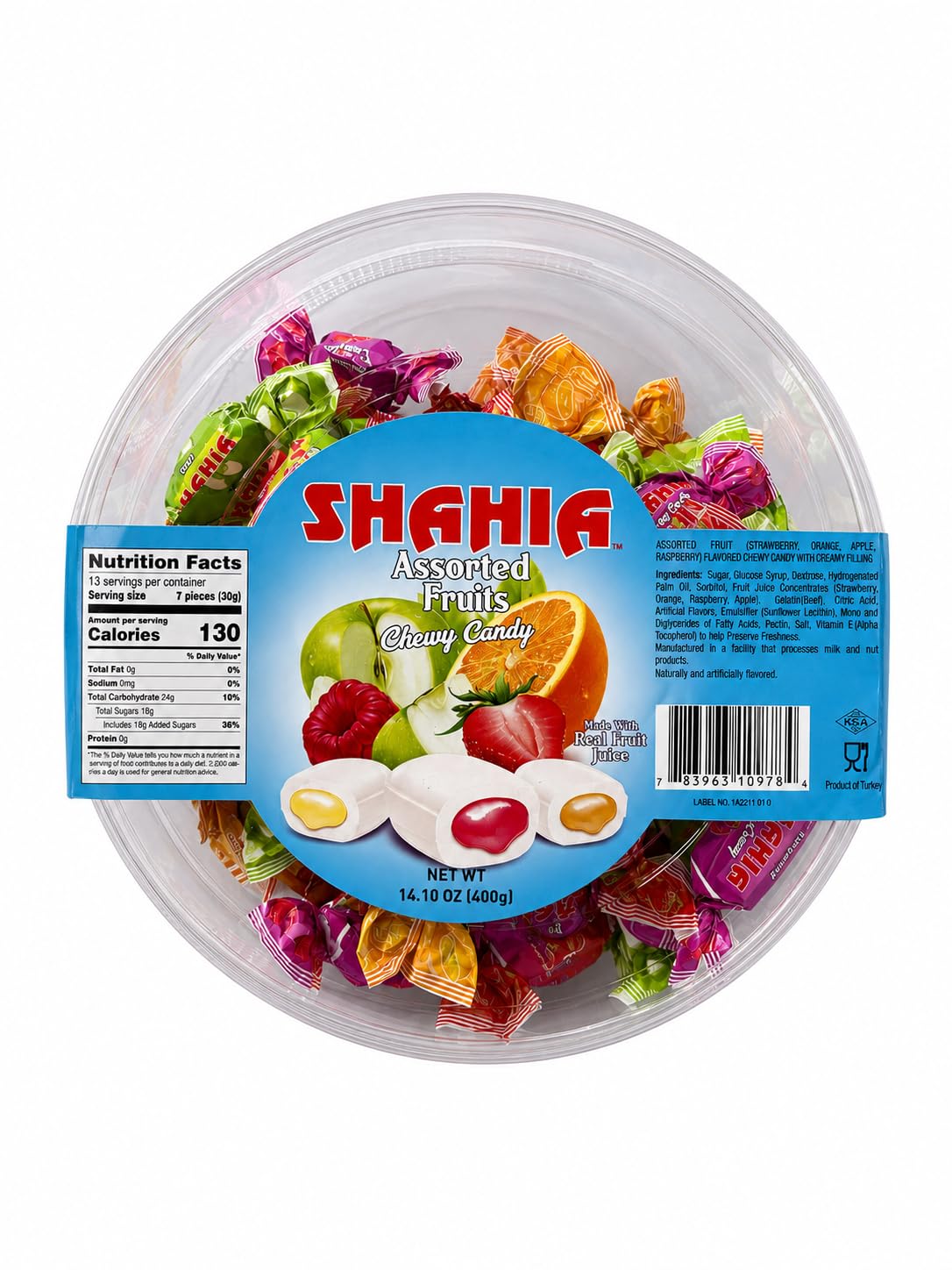 Shahia Assorted Fruits Chewy Candy 400g (14.1 oz) - Soft Filled Fruit Chews - Individually Wrapped Assorted Flavors - Imported Turkish Candy Tub