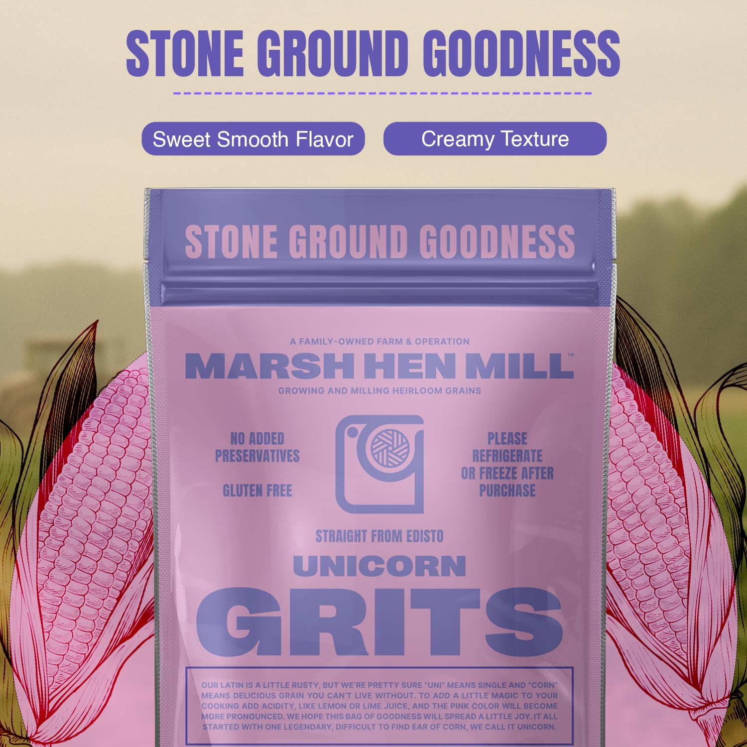 Marsh Hen Mill Unicorn Grits - Stone Ground Heirloom Blend of Pink Corn | Old-Fashioned Corn Grits | Gluten-Free & No Additives | Pure All-Natural
