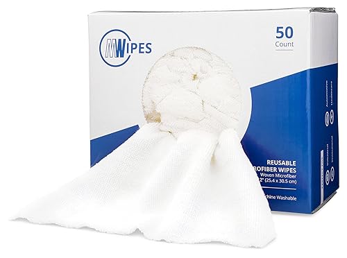 Microfiber Rags in A Box (50 Count) - Mwipes - 10" x 12" Reusable Wipes for Cleaning - Edgeless Terry Towels, Shop Rags, Wash, Dust, Disposable