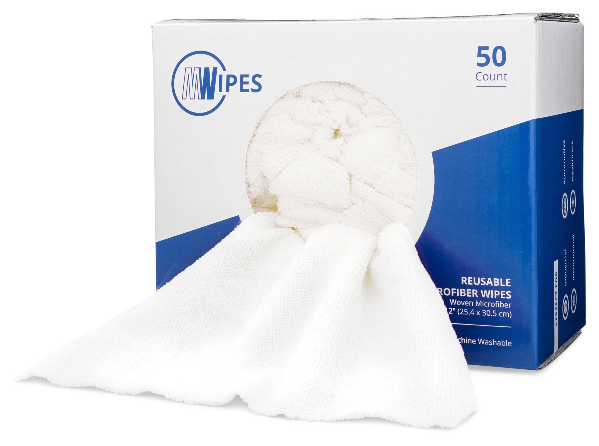 Microfiber Rags in A Box (50 Count) - Mwipes - 10" x 12" Reusable Wipes for Cleaning - Edgeless Terry Towels, Shop Rags, Wash, Dust, Disposable