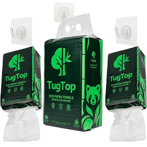 TugTop Eco Paper Towels (3 Pack, 900 Sheets + 3 Hooks) | Portable Hanging Bag Dispenser, Bamboo & Wood Blend for Car, Camping, RV, Garage, Indoors