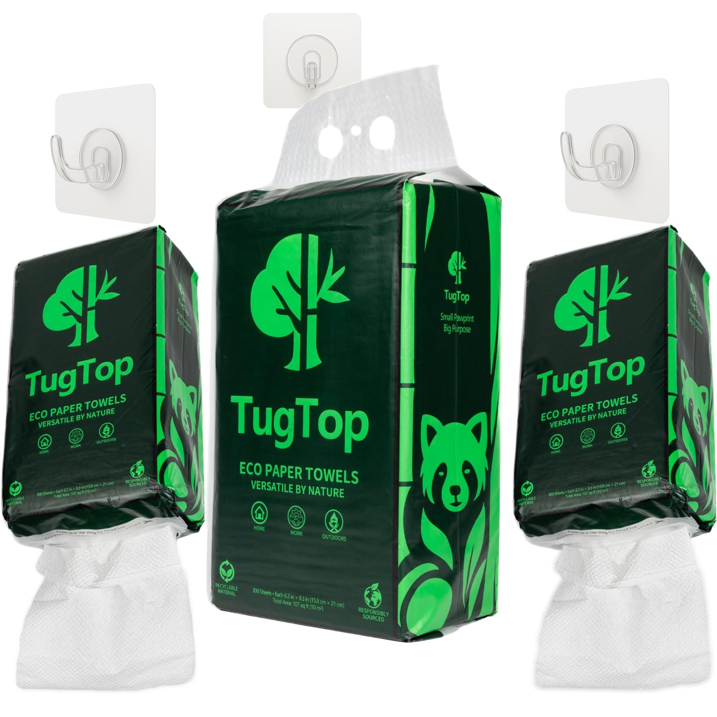 TugTop Eco Paper Towels (3 Pack, 900 Sheets + 3 Hooks) | Portable Hanging Bag Dispenser, Bamboo & Wood Blend for Car, Camping, RV, Garage, Indoors