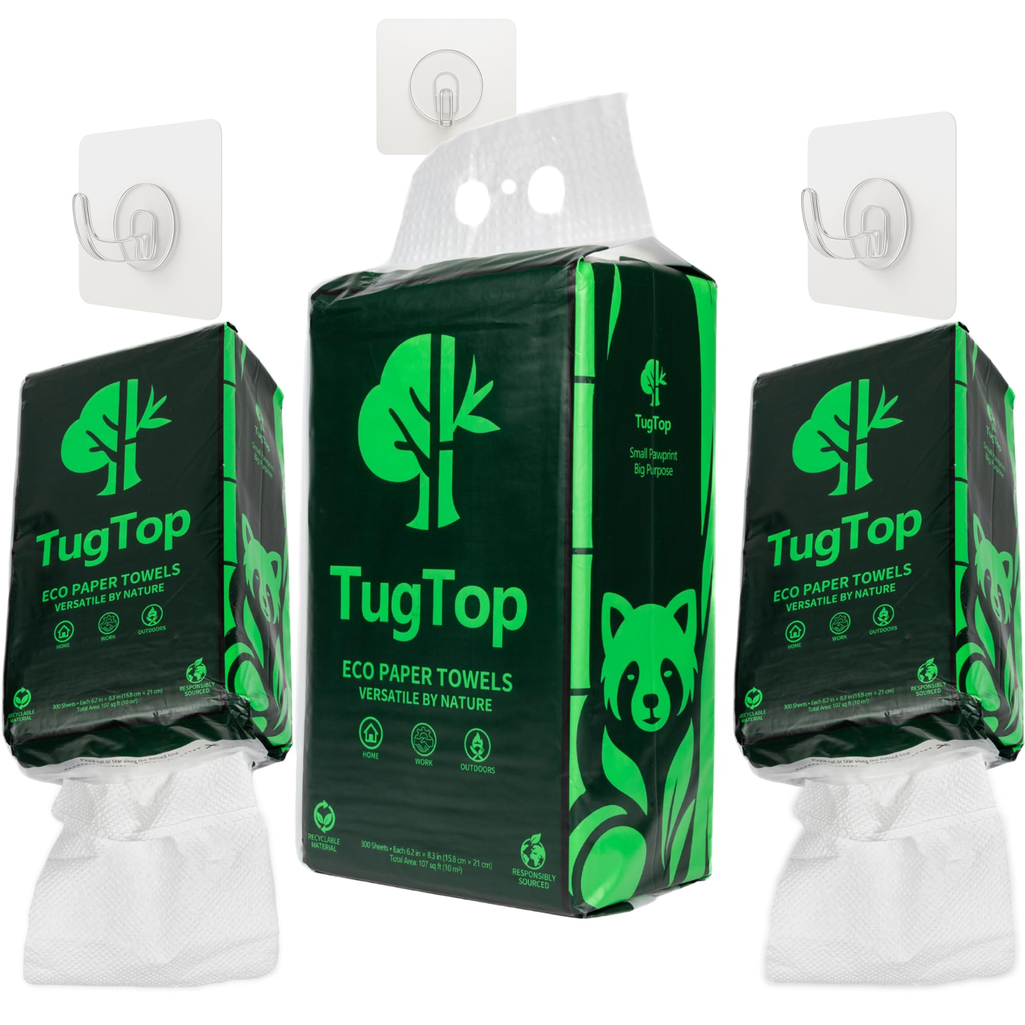 TugTop Eco Paper Towels (3 Pack, 900 Sheets + 3 Hooks) | Portable Hanging Bag Dispenser, Bamboo & Wood Blend for Car, Camping, RV, Garage, Indoors