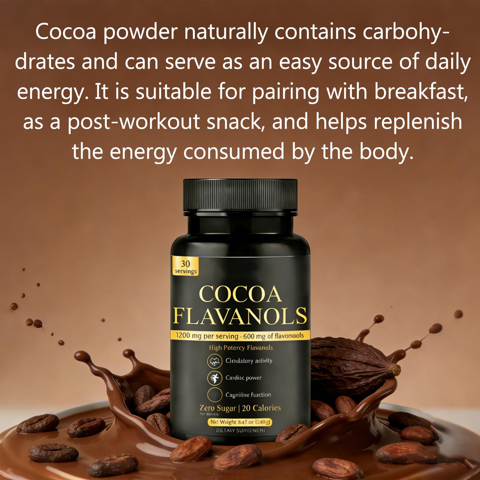 High Flavanol Cocoa Powder, 1200mg Flavanols per Serving, Natural Unsweetened Dutch Cocoa for Baking, Cooking & Beverages, Rich Dark Chocolate Flavor (01)