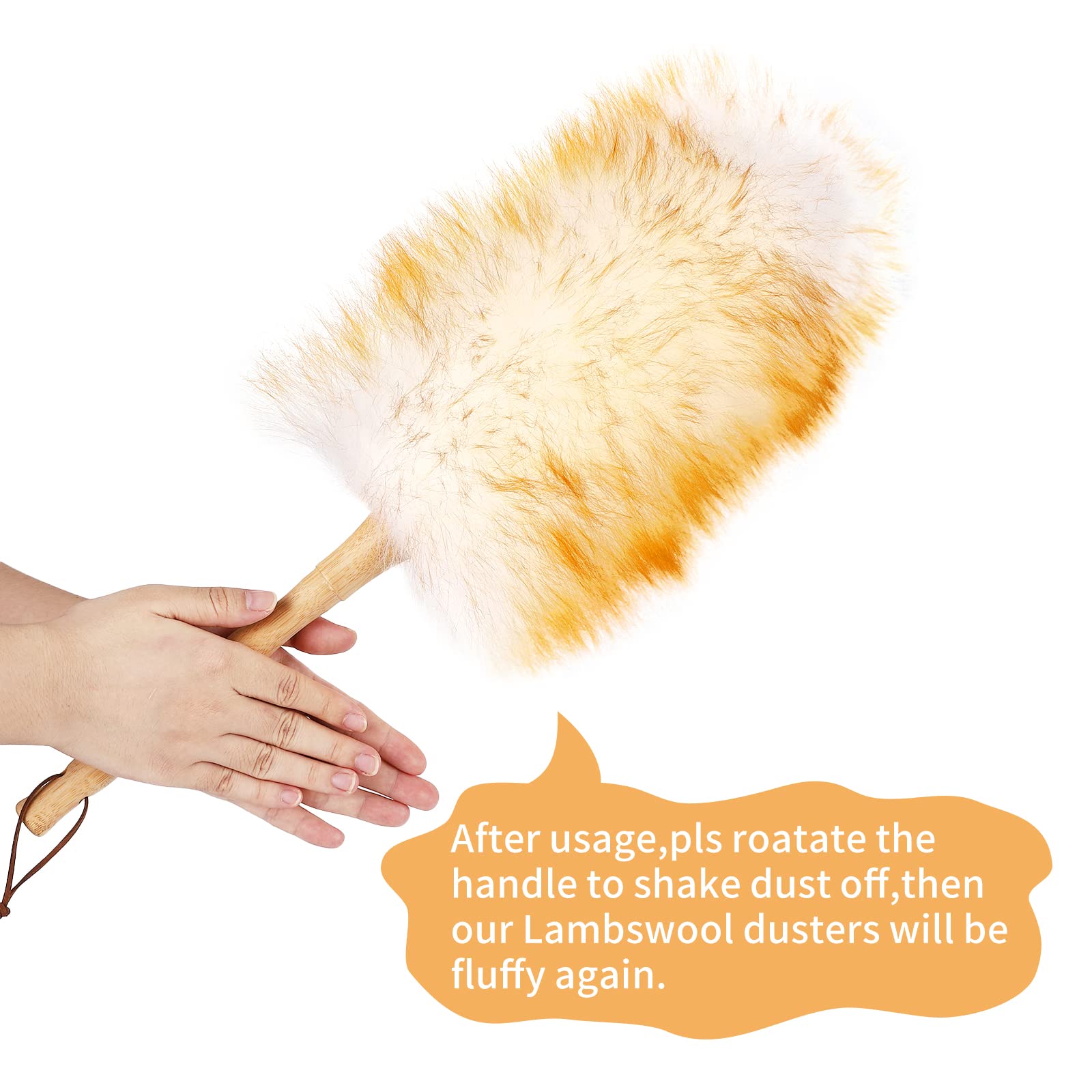 Lambs Wool Duster with Solid Bamboo Handle,Leather Hang Strap,18.9 inch Long,Natural Feather Duster for Cleaning Ceiling Fans,Window Blinds,Computer