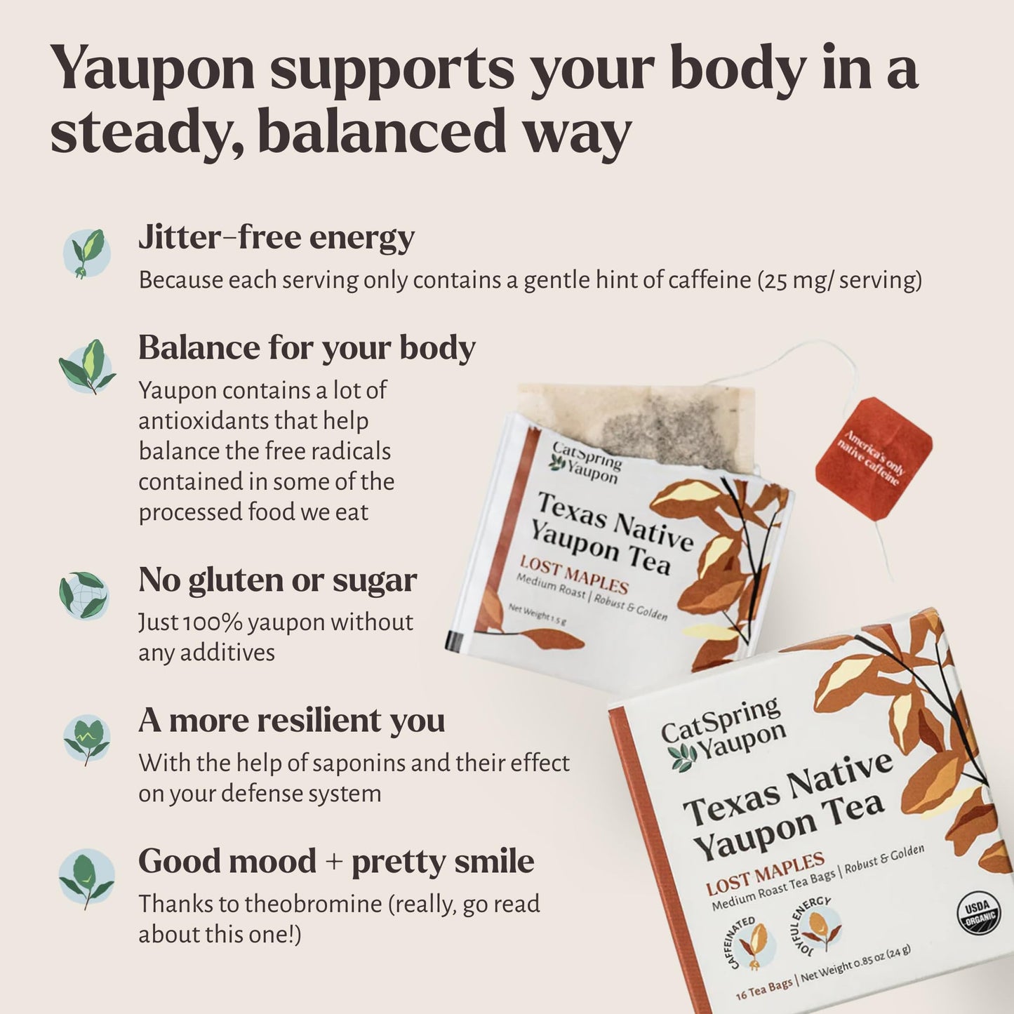 CatSpring Yaupon Lost Maples Medium Roast Yaupon Tea, 16 Teabags, Naturally Caffeinated, Sustainable and Wild-Harvested, Bold and Smooth, Non-Bitter