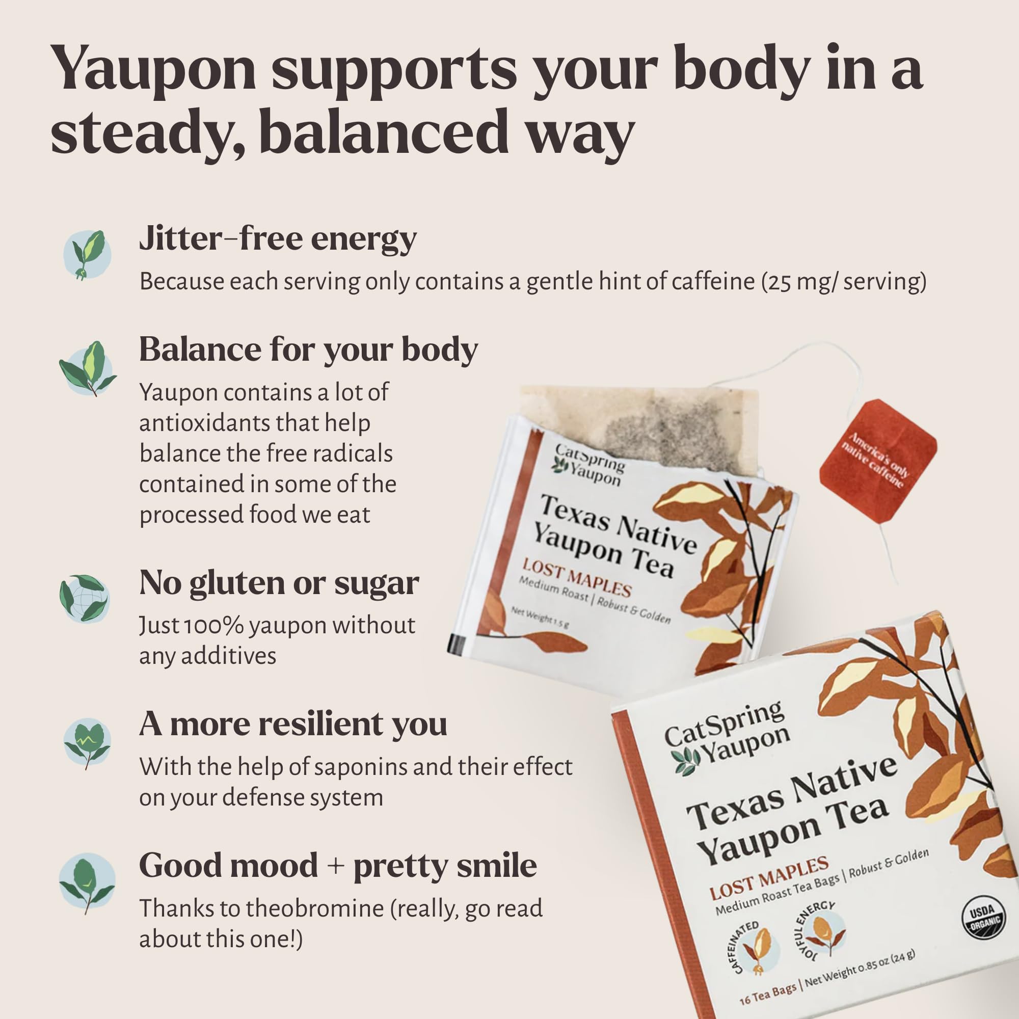 CatSpring Yaupon Lost Maples Medium Roast Yaupon Tea, 16 Teabags, Naturally Caffeinated, Sustainable and Wild-Harvested, Bold and Smooth, Non-Bitter