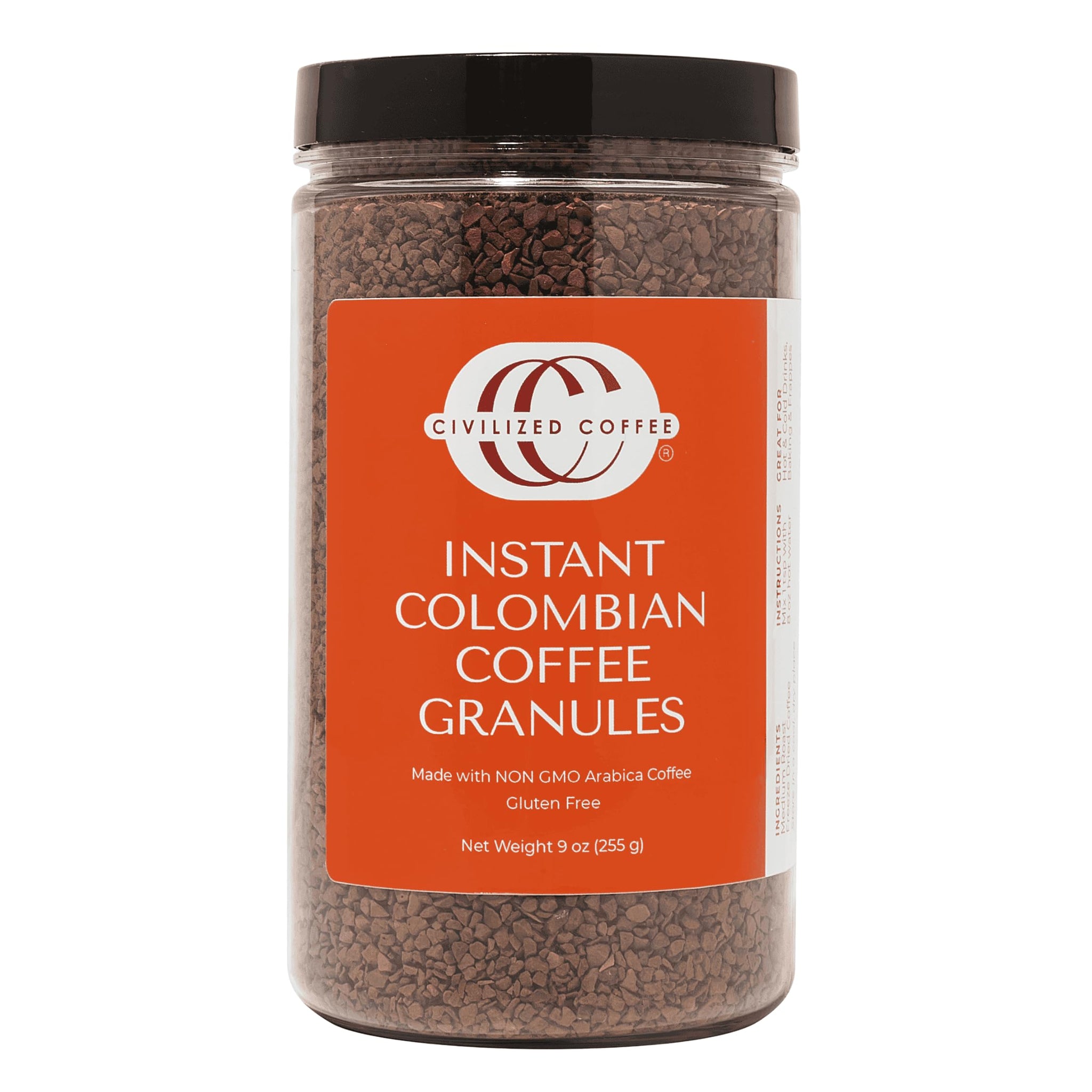 Civilized Coffee Instant Colombian Coffee Granules - Medium Roast Gourmet Coffee, Non-GMO, 9 oz Jar (100 Servings)
