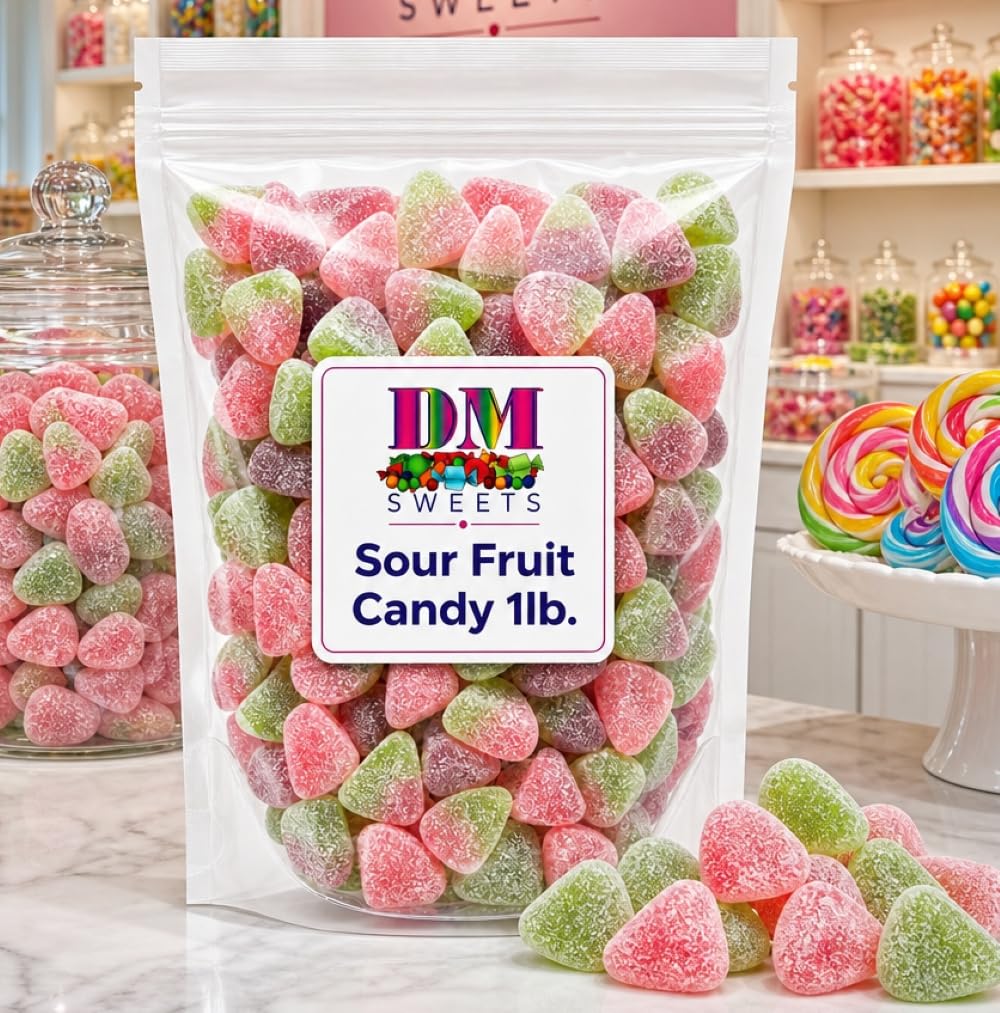 Vegan Sour Fruit Candy - 1 lb Bulk Assorted Watermelon Peach Cherry Sugar Sanded Gelatin Free Gummies. Made with Real Fruit Puree