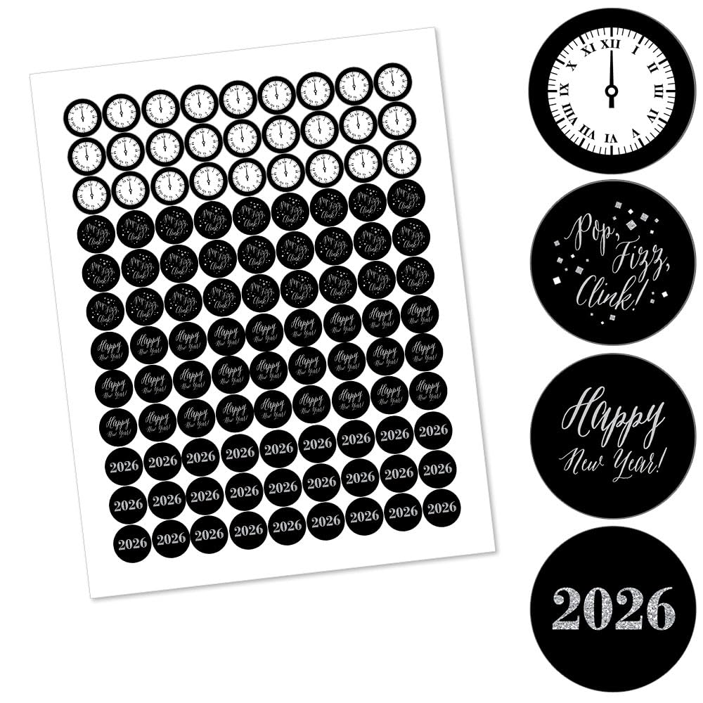 Big Dot of Happiness New Year's Eve - Silver - 2026 New Years Eve Party Round Candy Sticker Favors - Labels Fit Chocolate Candy (1 Sheet of 108)