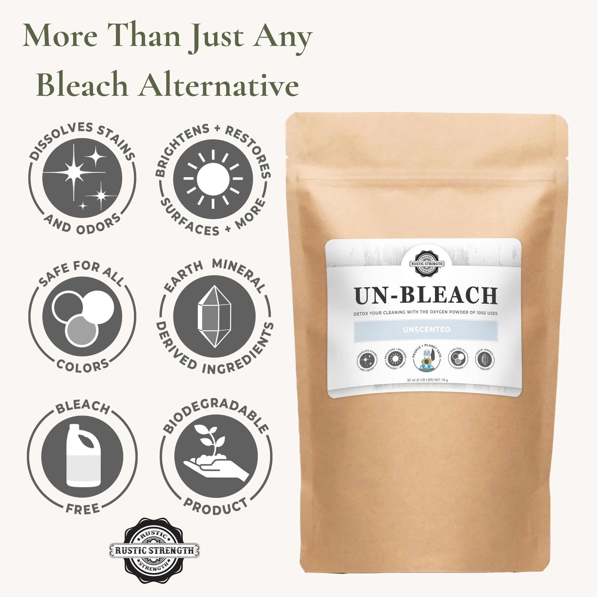 Rustic Strength Un-Bleach, Oxygen Bleach Alternative, Color Safe, Non-Toxic, Odor & Stain Remover, Biodegradable, 2 lb