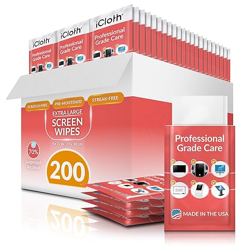 iCloth 70% Isopropyl Alcohol XL Screen and Electronics Wipes, Lint-Free, Streak-Free, Fast-Drying, Removes Dust and Fingerprints, 200 Wipes