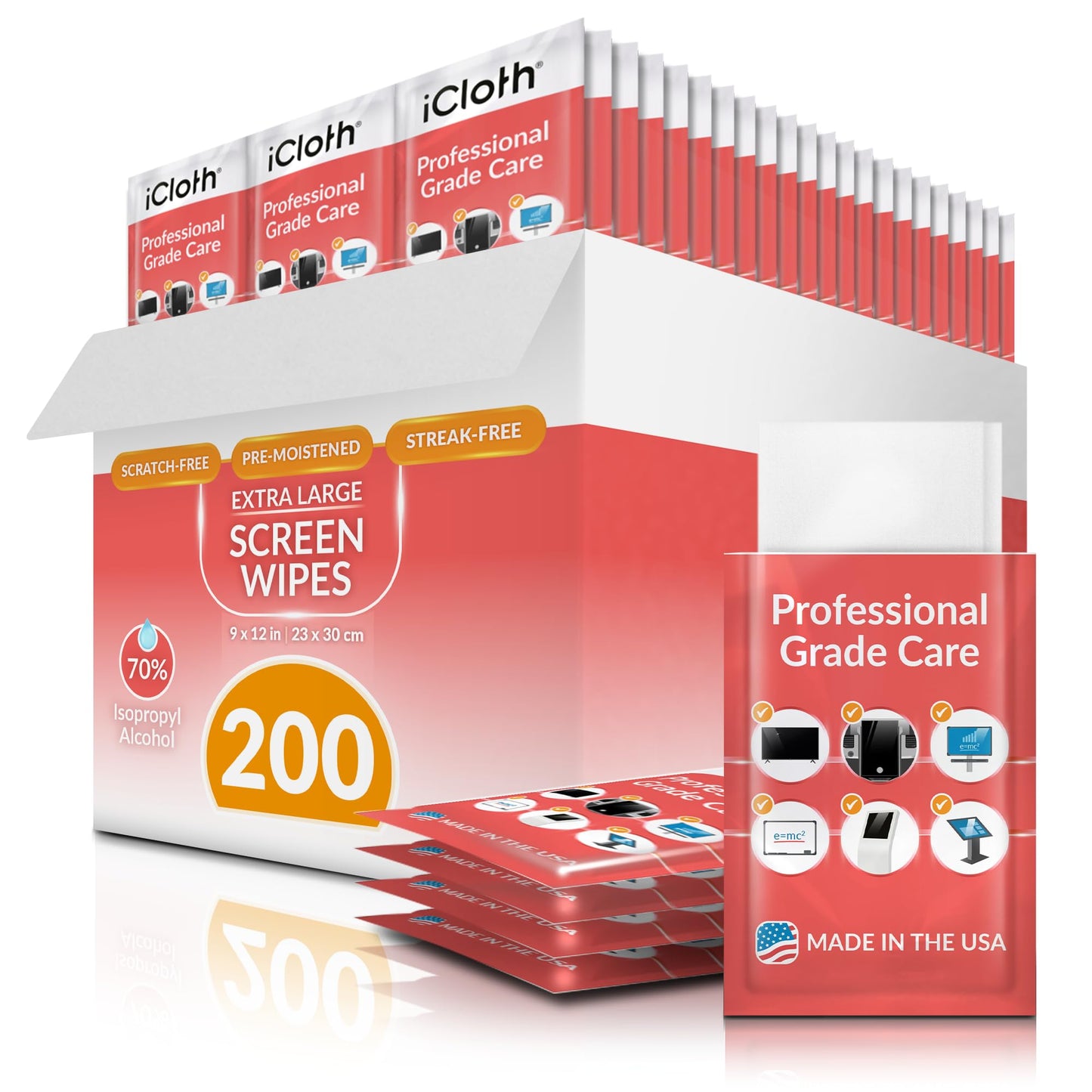 iCloth 70% Isopropyl Alcohol XL Screen and Electronics Wipes, Lint-Free, Streak-Free, Fast-Drying, Removes Dust and Fingerprints, 200 Wipes