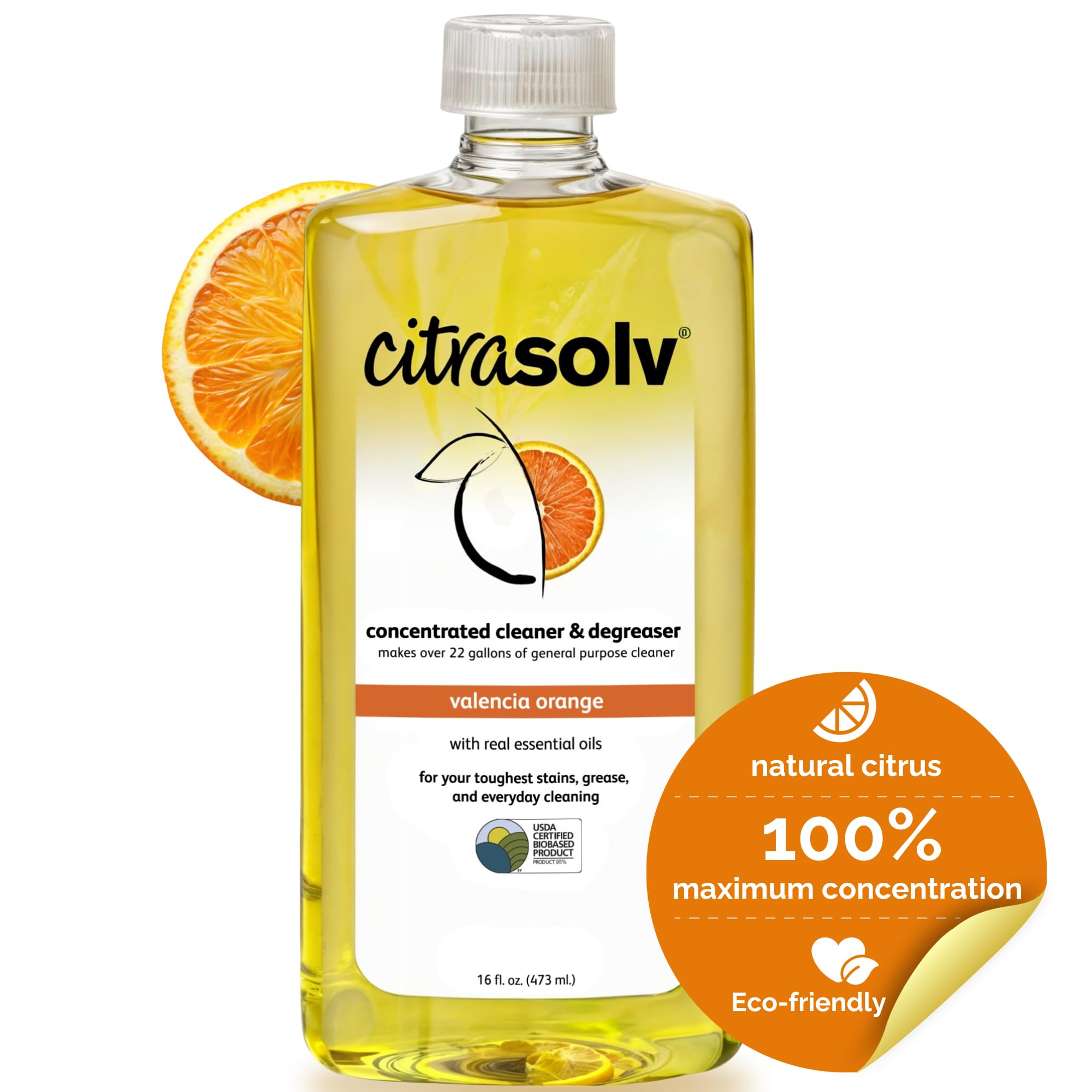 Citra Solv Concentrated Household Cleaner & Degreaser - Valencia Orange Scent - 16 Fl Oz, Safe, Effective, and Versatile Cleaning Solution, Natural