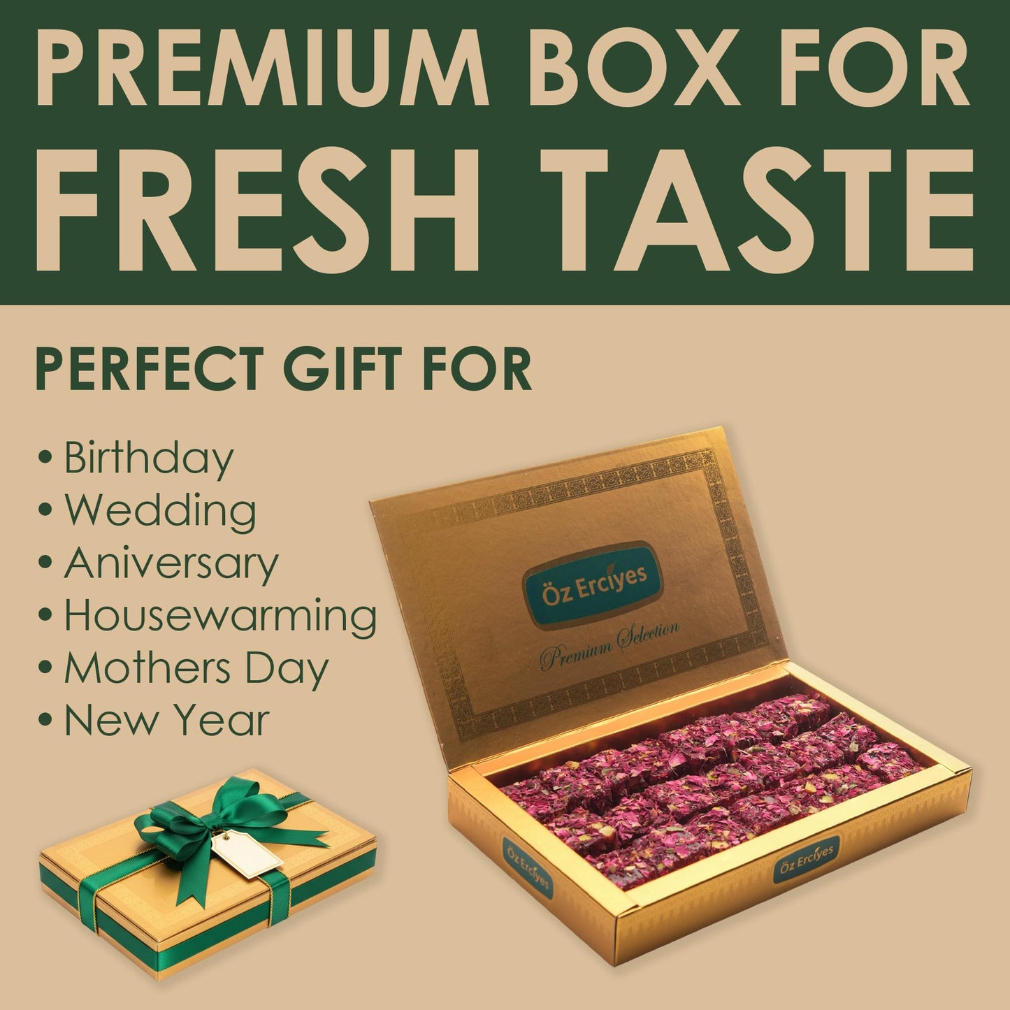 Turkish Delight with Rose Petals and Pistachio - Soft Lokum Candy, Gourmet Turkish Sweets Gift Box, Delicias Turcas, 17.6 oz (500g)
