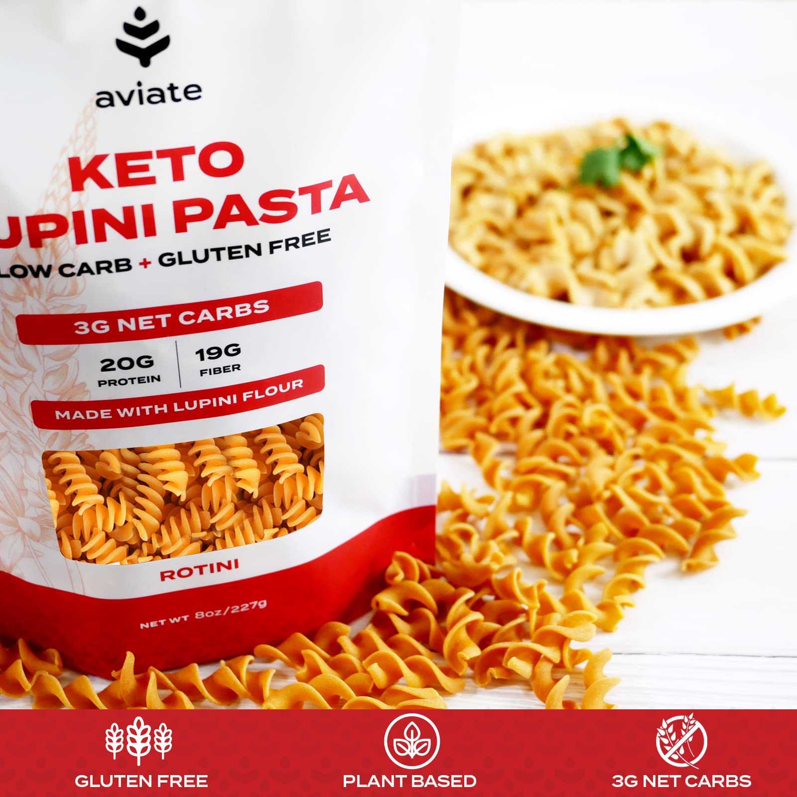 Aviate Keto Pasta Rotini - Low Carb (3g Net) Lupini Noodles, High Protein (20g), Gluten-Free, Made with Lupin Flour, Plant Based Vegan, Keto-friendly