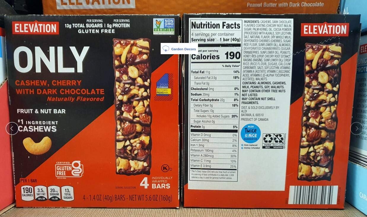 Elevation ONLY Cashew, Cherry with Dark Chocolate Fruit & Nut Bar 5.6oz 160g (Single Box)