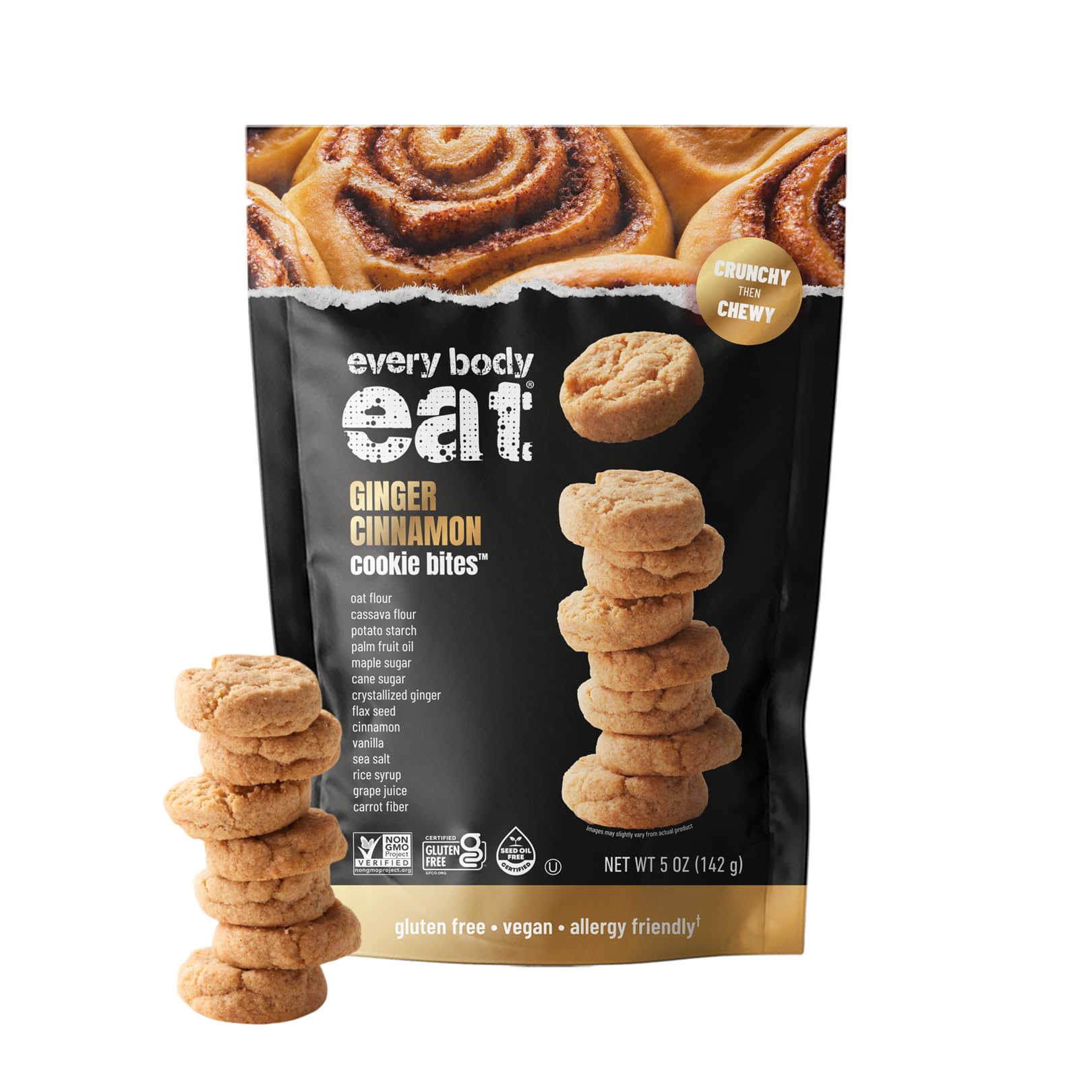 Every Body Eat Crunchy Cookie Bites Ginger Cinnamon - Gluten Free, Dairy Free, Vegan Snack Cookies, 5 Ounce